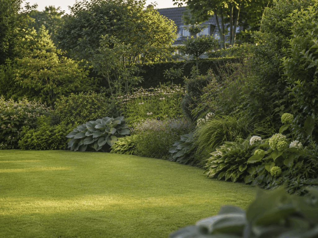 Groene tuin met gazon, struiken en beplante borders