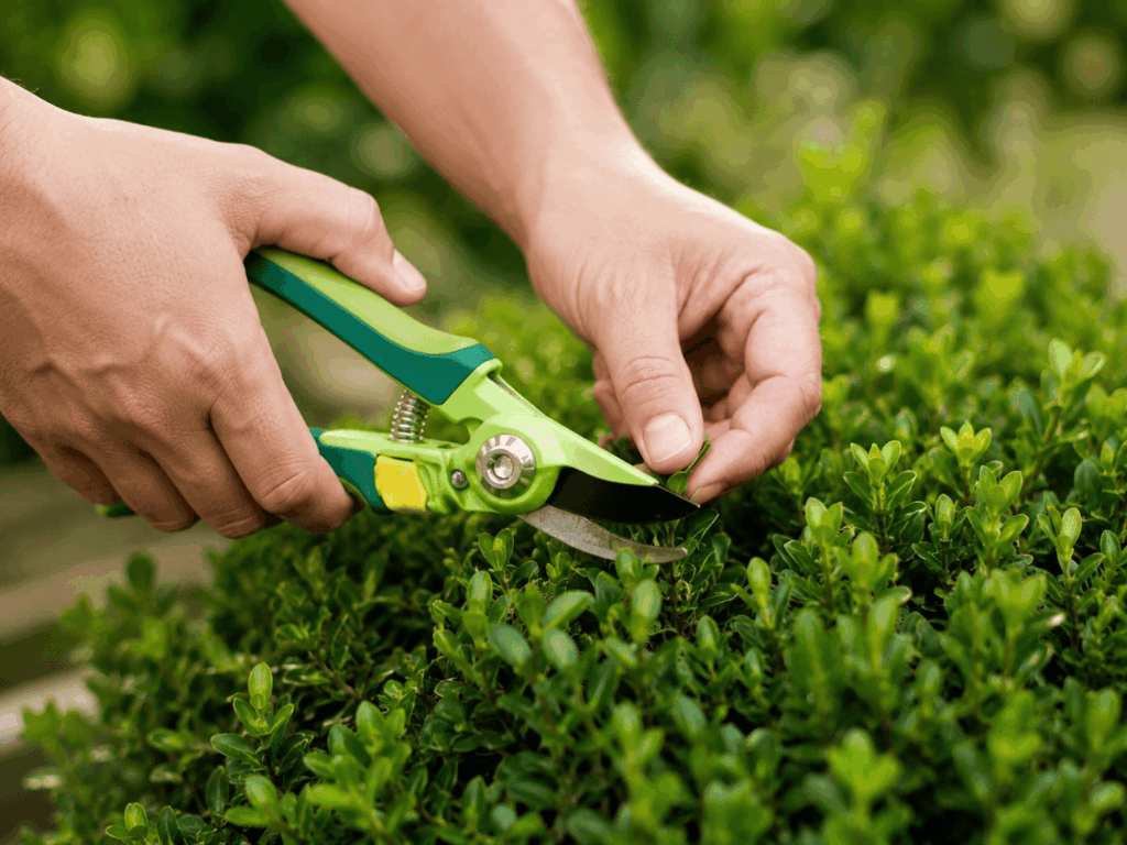 Groene haag die met een handschaar wordt bijgeknipt
